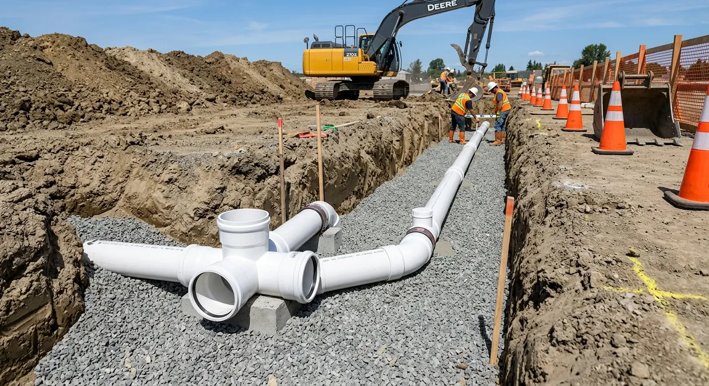New PVC sewer pipe installation in open trench for Sewer Backup in Steiner Ranch