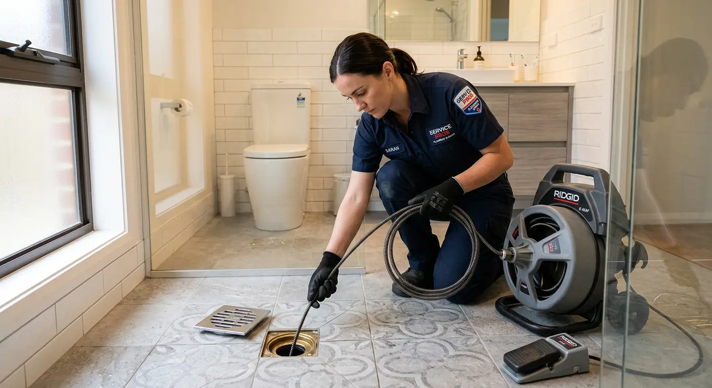 Technician clearing a bathroom floor drain for Drain Cleaning in Steiner Ranch